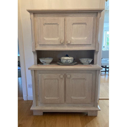 332 - AN VINTAGE PINE KITCHEN DRESSER, c.1970, with cornice above two doors, opening to shelved interior, ... 