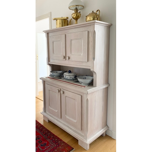 332 - AN VINTAGE PINE KITCHEN DRESSER, c.1970, with cornice above two doors, opening to shelved interior, ... 