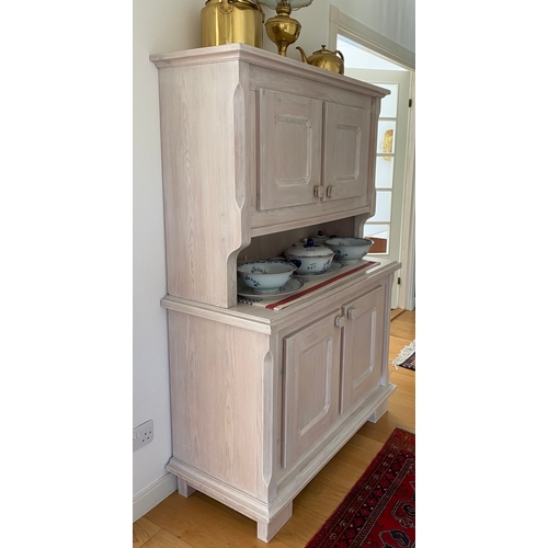 332 - AN VINTAGE PINE KITCHEN DRESSER, c.1970, with cornice above two doors, opening to shelved interior, ... 