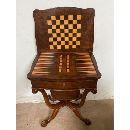 14 - A VERY FINE 19TH CENTURY WALNUT & MIXED WOOD WORK / GAMES TABLE, the serpentine shaped top opens to ... 
