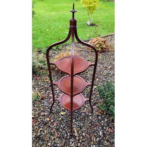 19 - A VERY FINE EDWARDIAN THREE TIER MAHOGANY INLAID CAKE STAND, circa 1900. Topped with turned finial t... 