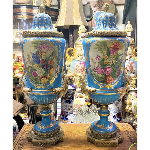 29 - A PAIR OF WONDERFUL SERVES STYLE PORCELAIN VASES, complete with ornate covers with gilt finial to to... 