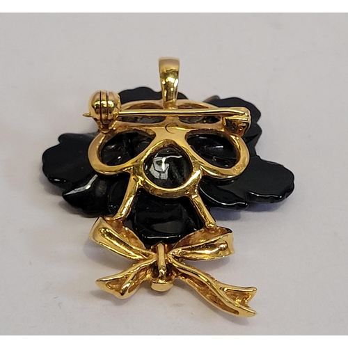 3 - A VERY BEAUTIFUL 18CT YELLOW GOLD & DIAMOND FLORAL BROOCH / PENDANT, with stunning black petals that... 