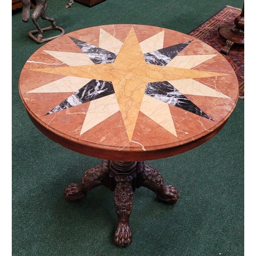 30 - A CIRCULAR MARBLE TOPPED CENTRE TABLE, impressive specimen marble top with star shaped design which ... 