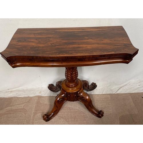 35 - A GOOD ROSEWOOD WILLIAM IV FOLD OVER CARD TABLE, the top with canted corners and slightly bow shaped... 