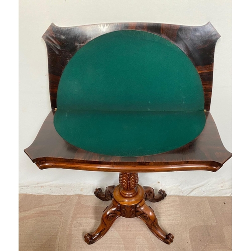 35 - A GOOD ROSEWOOD WILLIAM IV FOLD OVER CARD TABLE, the top with canted corners and slightly bow shaped... 