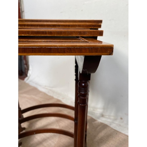 37 - A VERY FINE NEST OF FOUR ROSEWOOD & SATINWOOD TABLES, the surface to each of the tables has satinwoo... 