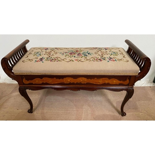 41 - A VERY GOOD QUALITY INLAID DUET PIANO STOOL / WINDOW SEAT / END OF BED SEAT, the hinged padded top c... 