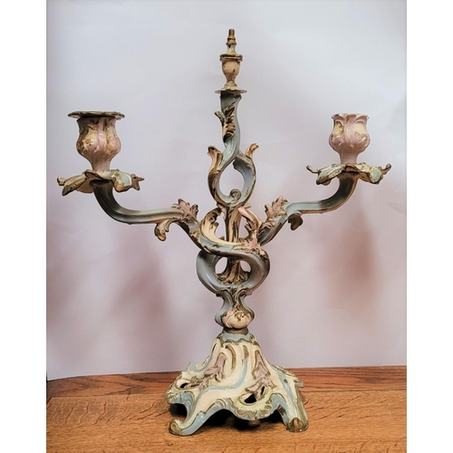 42 - A PAIR OF LATE 19TH / EARLY 20TH CENTURY FRENCH CAST METAL PAINTED CANDLEABRA, each with a pair of c... 
