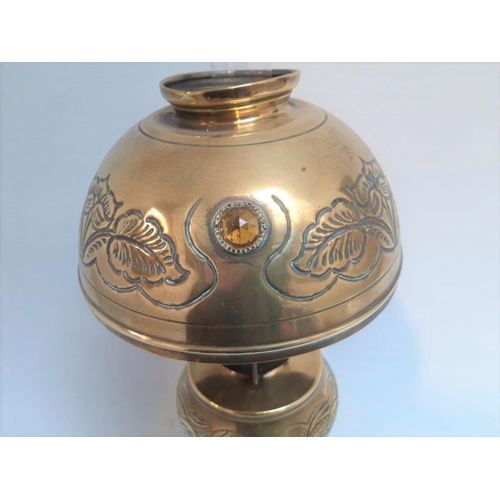 45 - A VICTORIAN FRENCH BRASS OIL LAMP, the shade with inset amber coloured cut glass beads & decorated w... 