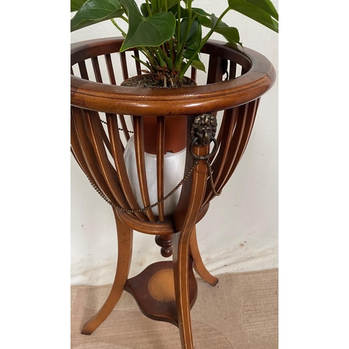7 - A VERY GOOD QUALITY MAHOGANY BASKET STYLE INLAID POT STAND / JARDINERE STAND, mounted with lion head... 