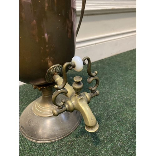 82 - AN ANTIQUE WILLIAM C. BURTON COPPER SAMOVAR, urn form with shaped engraved handles, decorative tap, ... 