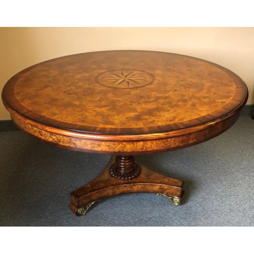 164 - A CIRCULAR DINING / CENTRE TABLE WITH INLAID DECORATION TO THE CENTRE, raised on a turned column sup... 