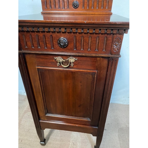 102 - A MAHOGANY ADAM’S STYLE FALL FRONT FIRE PURDONIUM, to the top is a raised back gallery with fluted d... 