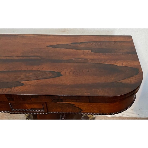 11 - A VERY FINE WILLIAM IV ROSEWOOD FOLD OVER CARD TABLE, beautiful Rosewood table with rounded front co... 