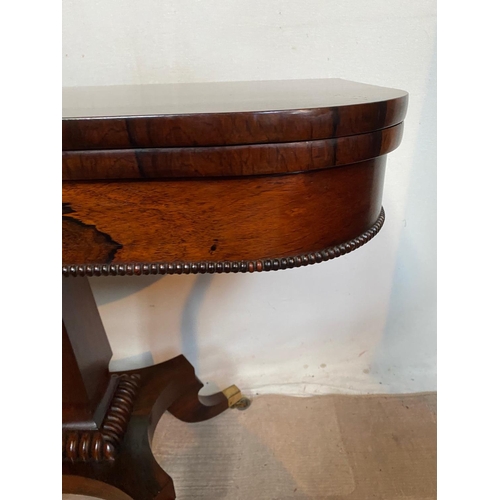 11 - A VERY FINE WILLIAM IV ROSEWOOD FOLD OVER CARD TABLE, beautiful Rosewood table with rounded front co... 