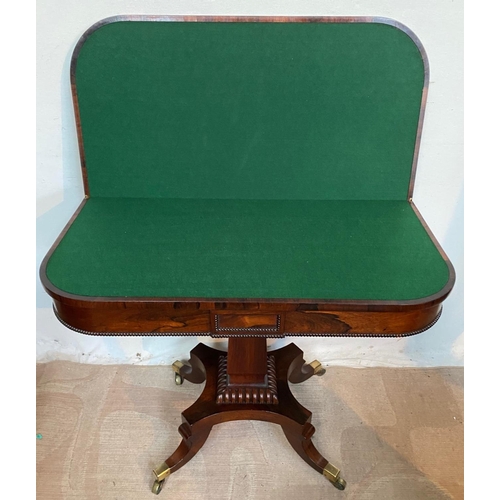 11 - A VERY FINE WILLIAM IV ROSEWOOD FOLD OVER CARD TABLE, beautiful Rosewood table with rounded front co... 