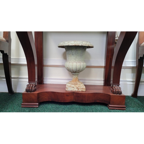 124 - A FANTASTIC 19TH CENTURY CAST IRON MEDICI GARDEN URN, miniature size, with roll over rim having gadr... 