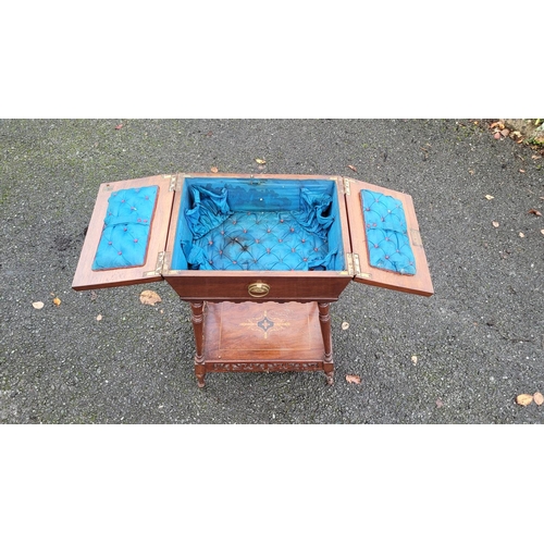 126 - AN EDWARDIAN SARCOPAGUS SHAPED WORKS TABLE, the top has a pair of hinged doors that are nicely decor... 