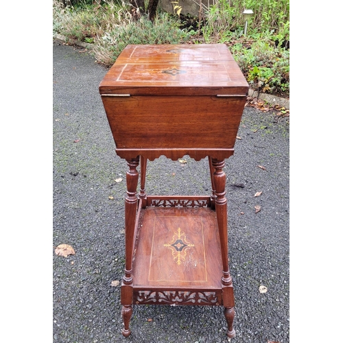 126 - AN EDWARDIAN SARCOPAGUS SHAPED WORKS TABLE, the top has a pair of hinged doors that are nicely decor... 