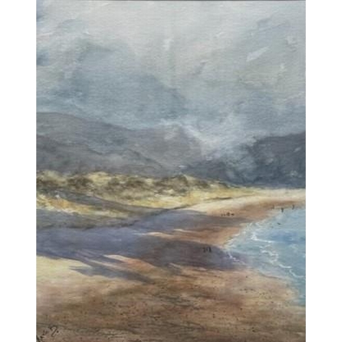 137 - KATIE BUTTIMER, (IRISH 20TH CENTURY), CLOUDS FLOCK TO INCH BEACH, watercolour on paper, signed. 18.5... 