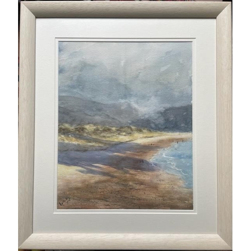 137 - KATIE BUTTIMER, (IRISH 20TH CENTURY), CLOUDS FLOCK TO INCH BEACH, watercolour on paper, signed. 18.5... 