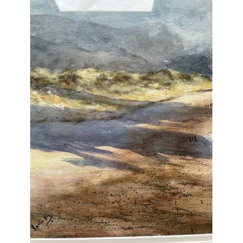 137 - KATIE BUTTIMER, (IRISH 20TH CENTURY), CLOUDS FLOCK TO INCH BEACH, watercolour on paper, signed. 18.5... 