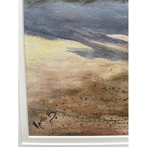 137 - KATIE BUTTIMER, (IRISH 20TH CENTURY), CLOUDS FLOCK TO INCH BEACH, watercolour on paper, signed. 18.5... 