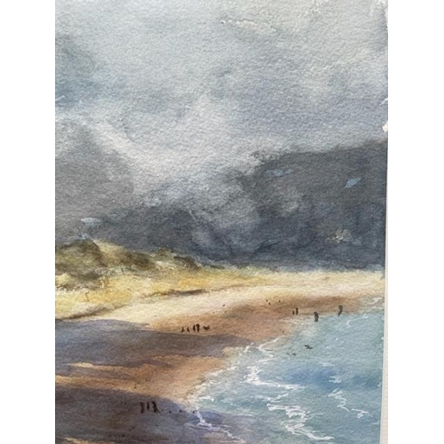 137 - KATIE BUTTIMER, (IRISH 20TH CENTURY), CLOUDS FLOCK TO INCH BEACH, watercolour on paper, signed. 18.5... 