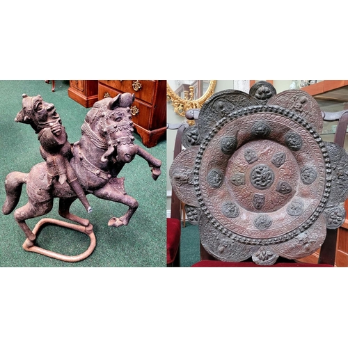 146 - TWO INTERESTING ANTIQUE ITEMS: (i) AN ANTIQUE LARGE HEAVY CAST METAL HORSE & RIDER SCULPTURE, possib... 