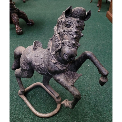 146 - TWO INTERESTING ANTIQUE ITEMS: (i) AN ANTIQUE LARGE HEAVY CAST METAL HORSE & RIDER SCULPTURE, possib... 