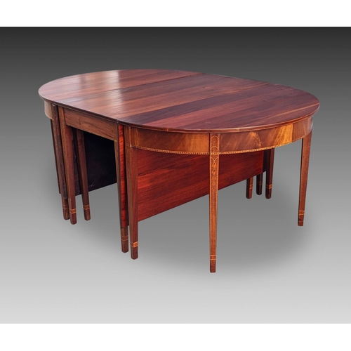 15 - AN EXCEPTIONAL GEORGIAN STYLE ECONOMY DINING TABLE, comprising of two demi-lune side tables & a sing... 