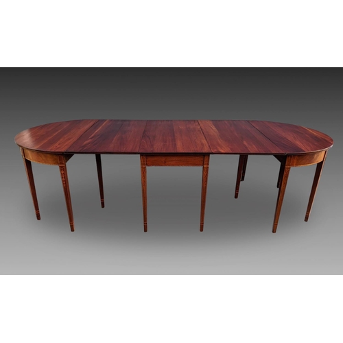 15 - AN EXCEPTIONAL GEORGIAN STYLE ECONOMY DINING TABLE, comprising of two demi-lune side tables & a sing... 