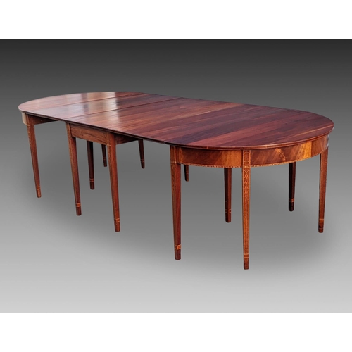 15 - AN EXCEPTIONAL GEORGIAN STYLE ECONOMY DINING TABLE, comprising of two demi-lune side tables & a sing... 