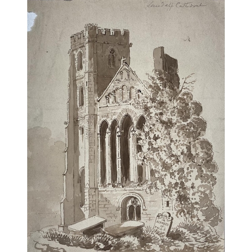 158 - SAMUEL GILLESPIE PROUT (British, 1822-1911), “LLANDAFF CATHEDRAL”, pencil and sepia wash on paper, i... 