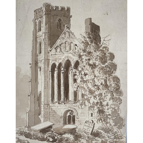 158 - SAMUEL GILLESPIE PROUT (British, 1822-1911), “LLANDAFF CATHEDRAL”, pencil and sepia wash on paper, i... 