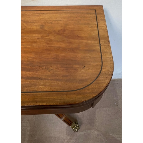 17 - A VERY FINE IRISH CORK STYLE MAHOGANY FOLD OVER CARD TABLE, with ebonised stringing detail all over,... 