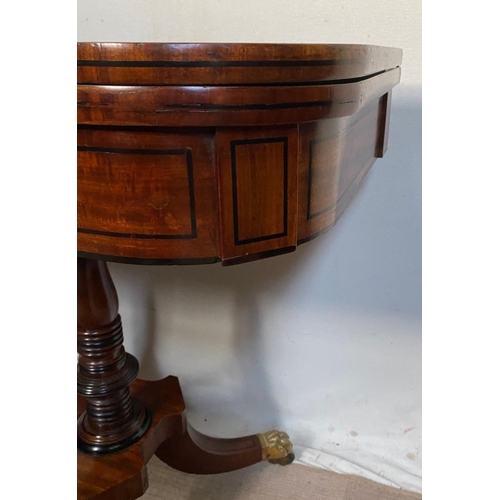 17 - A VERY FINE IRISH CORK STYLE MAHOGANY FOLD OVER CARD TABLE, with ebonised stringing detail all over,... 