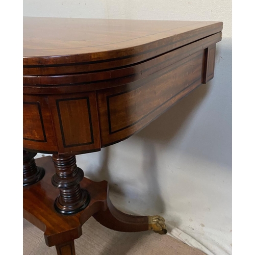 17 - A VERY FINE IRISH CORK STYLE MAHOGANY FOLD OVER CARD TABLE, with ebonised stringing detail all over,... 