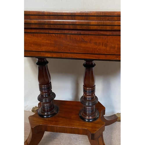 17 - A VERY FINE IRISH CORK STYLE MAHOGANY FOLD OVER CARD TABLE, with ebonised stringing detail all over,... 