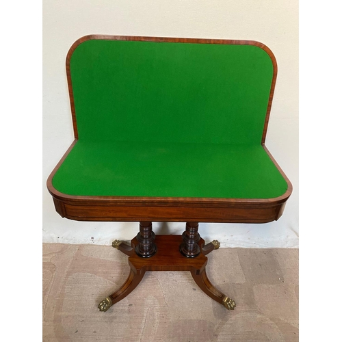 17 - A VERY FINE IRISH CORK STYLE MAHOGANY FOLD OVER CARD TABLE, with ebonised stringing detail all over,... 