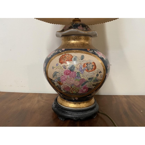 172 - A MID CENTURY JAPANESE TABLE LAMP, with painted panel to front and reverse depicting array of flower... 