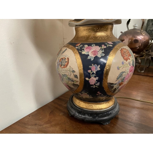 172 - A MID CENTURY JAPANESE TABLE LAMP, with painted panel to front and reverse depicting array of flower... 