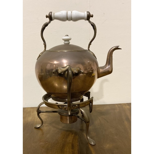 175 - AN ANTIQUE J.S. PYRKE & SONS COPPER AND BRASS KETTLE ON STAND, teapot with decorative handle with wh... 