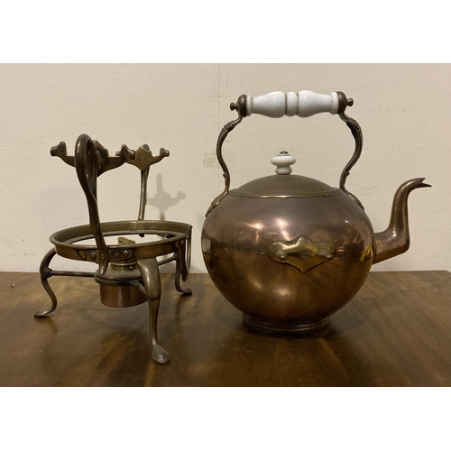 175 - AN ANTIQUE J.S. PYRKE & SONS COPPER AND BRASS KETTLE ON STAND, teapot with decorative handle with wh... 