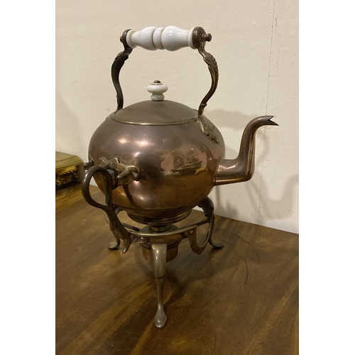 175 - AN ANTIQUE J.S. PYRKE & SONS COPPER AND BRASS KETTLE ON STAND, teapot with decorative handle with wh... 