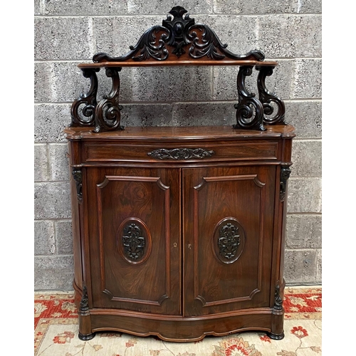 180 - A 19TH CENTURY MAHOGANY JACOBEAN STYLE CHIFFONIER, shelf supported by ornate carved scrolls, over tw... 