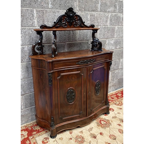 180 - A 19TH CENTURY MAHOGANY JACOBEAN STYLE CHIFFONIER, shelf supported by ornate carved scrolls, over tw... 