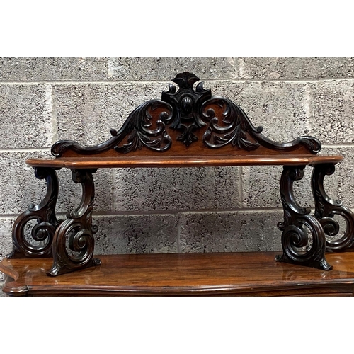 180 - A 19TH CENTURY MAHOGANY JACOBEAN STYLE CHIFFONIER, shelf supported by ornate carved scrolls, over tw... 