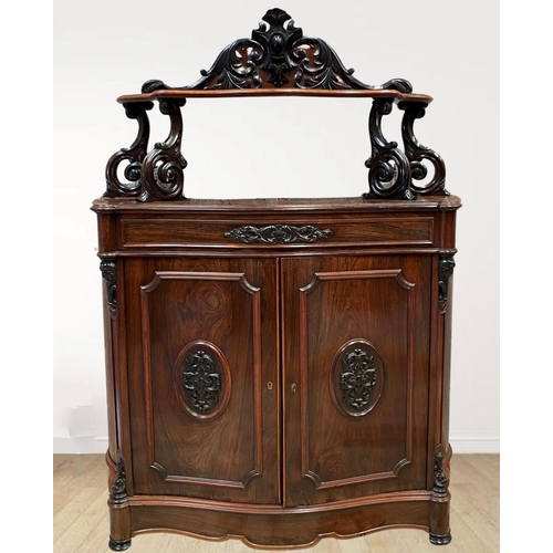 180 - A 19TH CENTURY MAHOGANY JACOBEAN STYLE CHIFFONIER, shelf supported by ornate carved scrolls, over tw... 